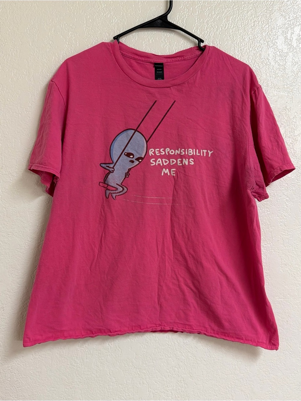 Pink Graphic Short-Sleeve Tee with 'Responsibility Saddens Me' Print